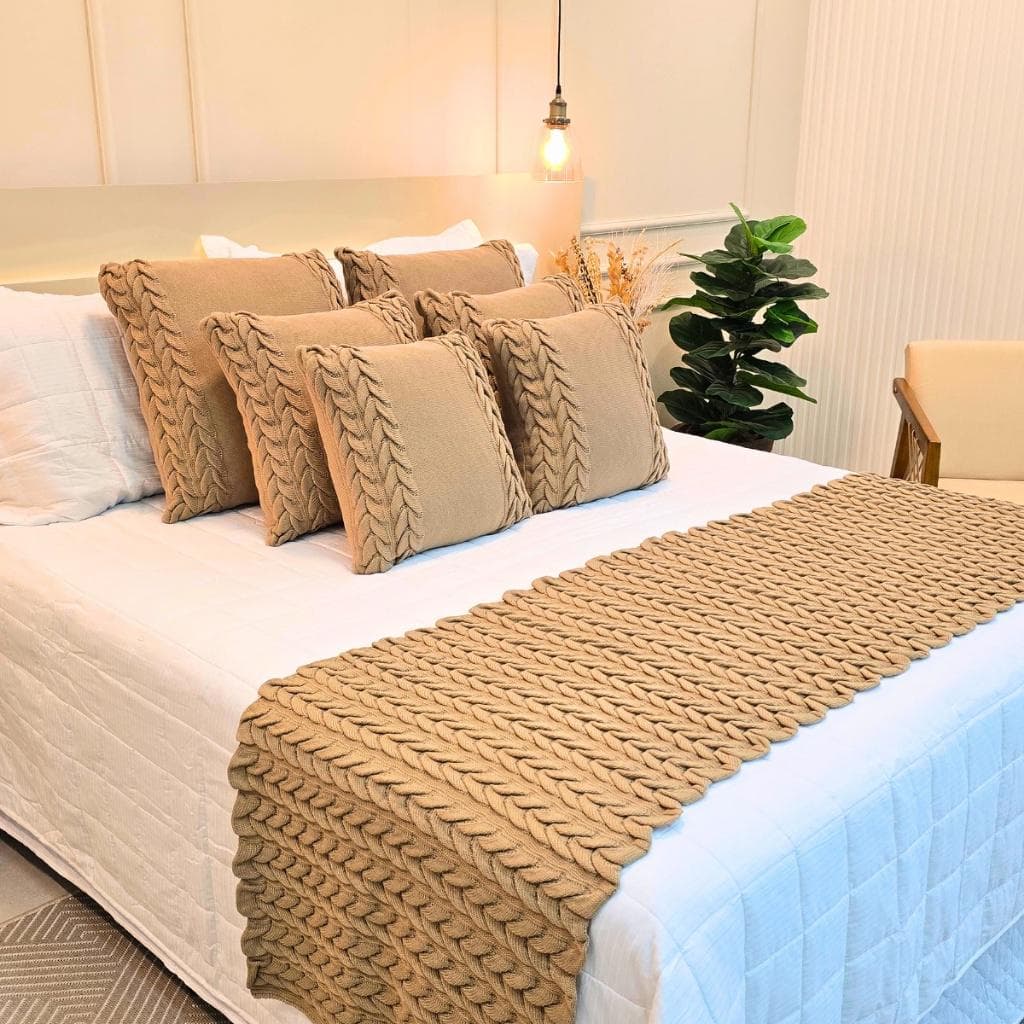 Kit Peseira Manta Tricot Sofá Cama Casal Queen King Aconchego Home Decor + 2 Capas Almofadas