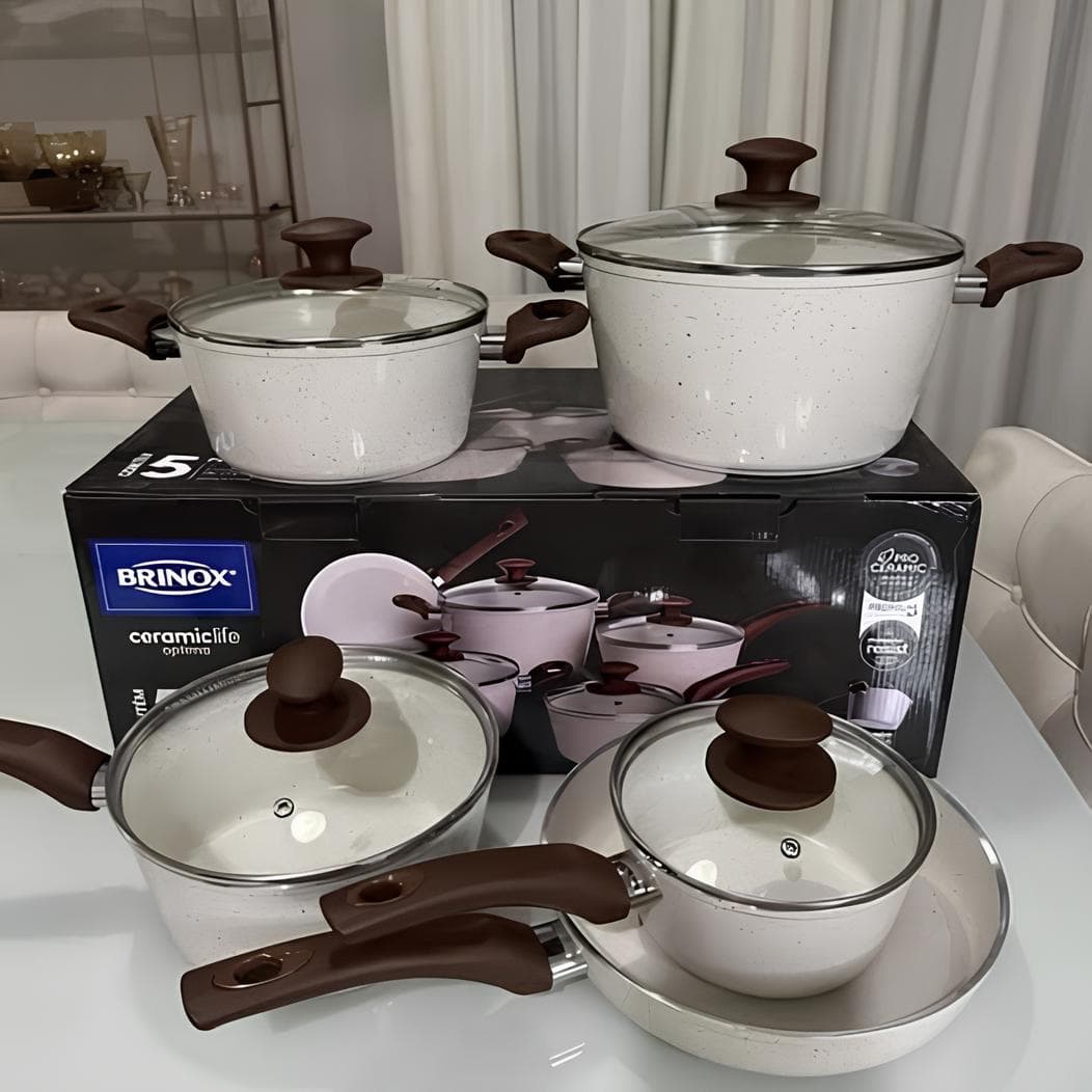 Jogo de Panelas Brinox Cerâmico de Alumínio Vanilla 5 Peças Optima Essentials Ceramic Life