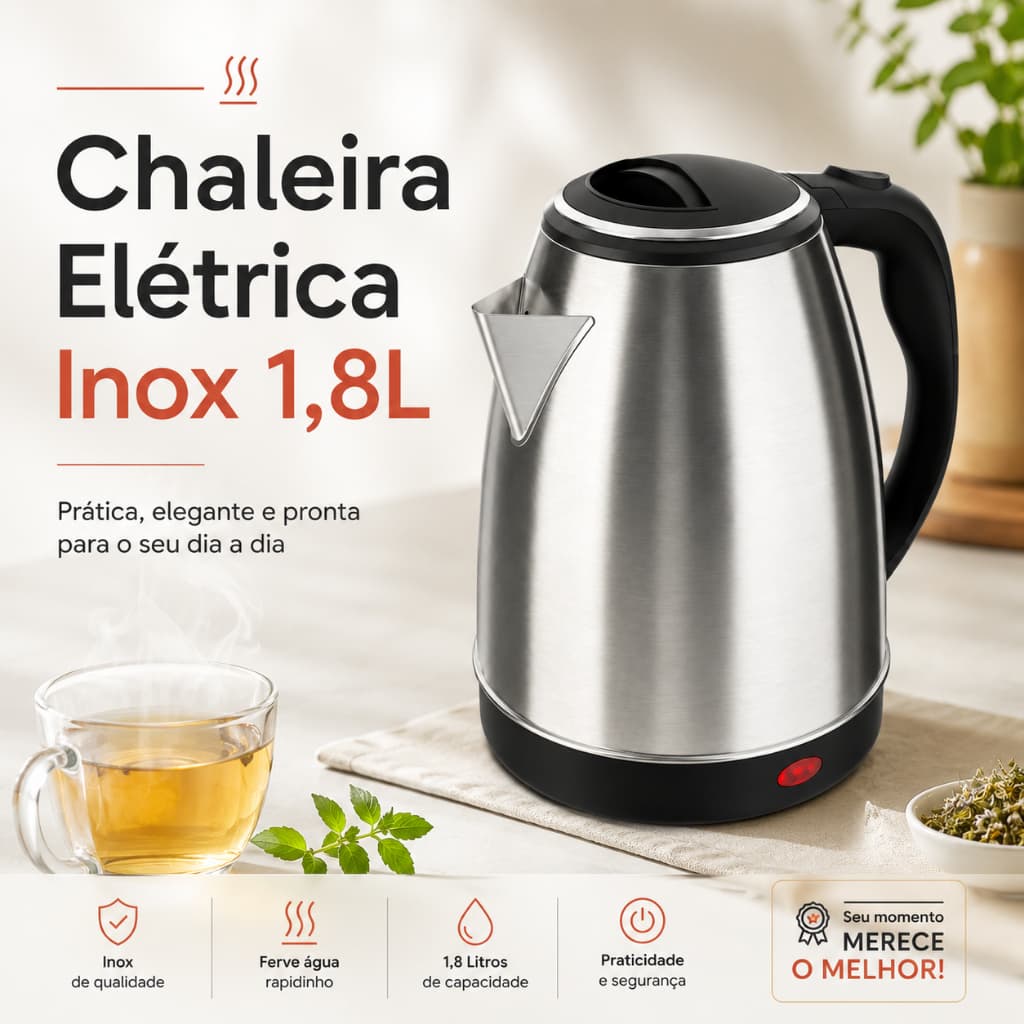 FIX/STARTOOLS Chaleira Jarra Elétrica 1.8L Inox Prateada